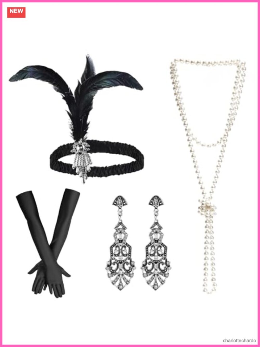 1920s Flapper Costume Accessory Set Feather Headband Pearl Necklace Gloves